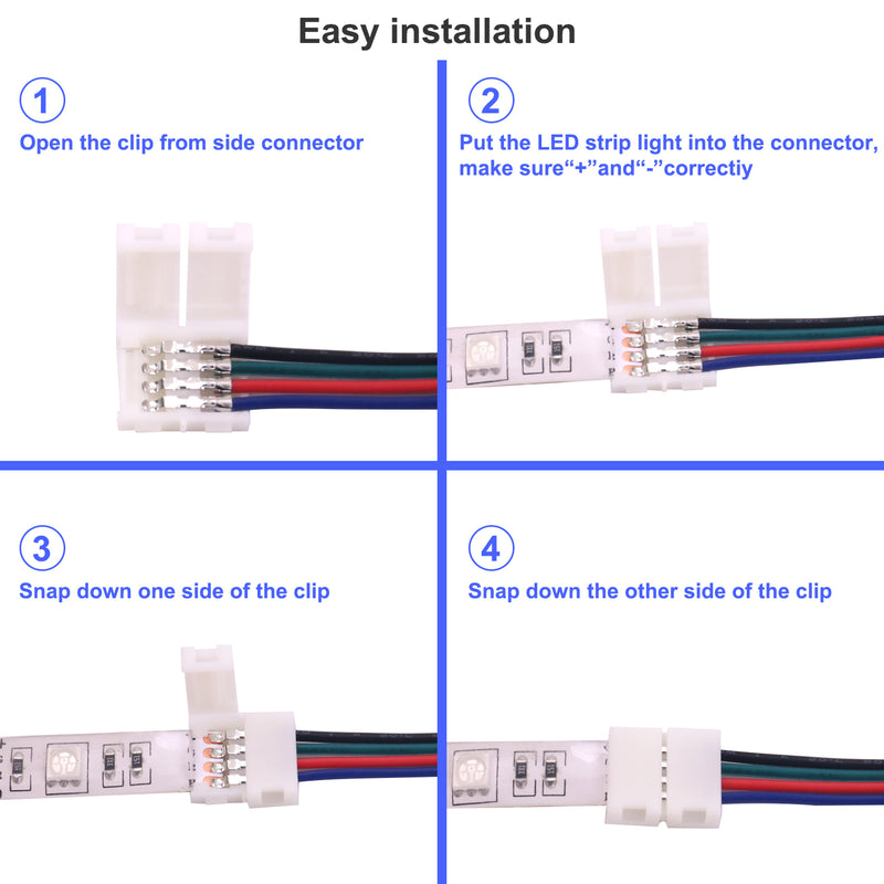 5050 4 Pin LED Strip Connector Kit - iCreating 10mm RGB LED Connector Kit includes 5x Strip to RGB Controller Jumper, 5x LED Strip to Strip Jumper, 5x L Shape Connectors, 5x Gapless Connectors