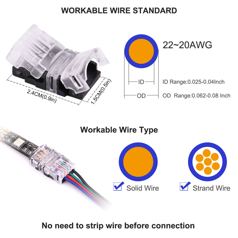 4Pin RGB LED Strip Connector Kit - 10mm 5050 RGB LED Connector Kit includes 10x Strip to Wire Quick Connectors, 32.8ft RGB Extension Wire Cable, 20x LED Strip Clips