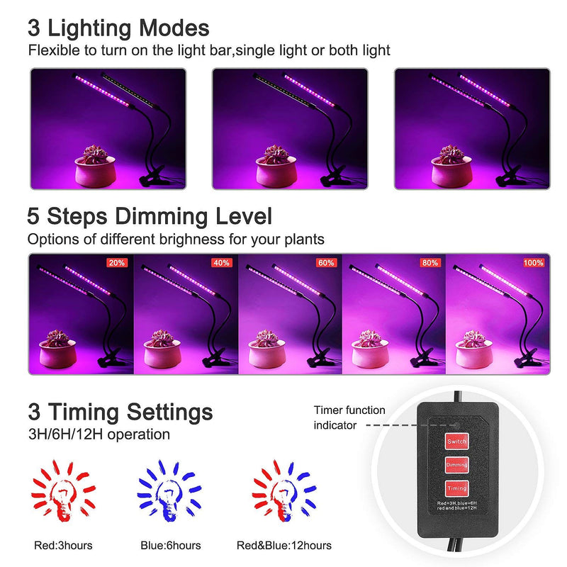 LED Grow Light, 40W Dual Head Timing 5 Dimmable Levels Plant Grow Lights for Indoor Plants with Red Blue Spectrum, Adjustable Gooseneck, 3 6 12H Timer, 3 Switch Modes