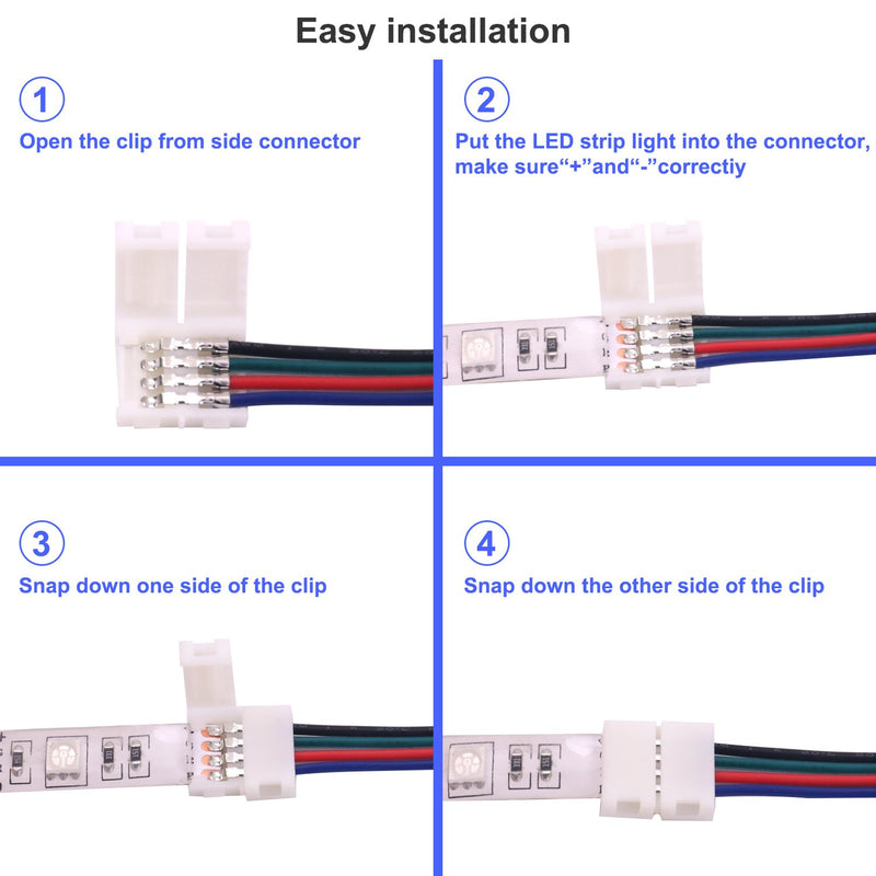 5050 4Pin RGB LED Strip Connector Kit - includes 10x T Shape Connectors, 10x LED Strip Jumper, 10x L Shape Connectors, 10x Gapless Connectors, 20x LED Strip Clips, 20x 4 Pin Male to Male Connector