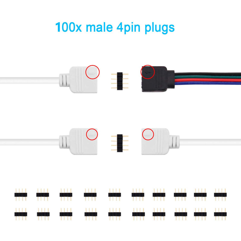 100 PCS 4 Pin Male Connector, iCreating RGB 4Pin Male to Male Connector for 3528 5050 SMD RGB LED Strip Light, LED RGB Splitter Cable, RGB Controlle