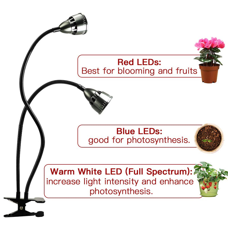 LED Grow Light for Indoor Plants, Full Spectrum Dual Head Desk Clip Plant Light for Seedling Blooming, Adjustable Gooseneck & Timer Setting 3H/9H/12H, 3 Color Modes