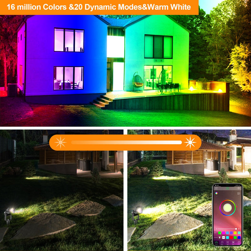 15W RGB Landscape Lights Bluetooth - LED Colored Low Voltage Landscape Lights Outdoor Landscape Lighting RGBW Waterproof Landscape Spotlight Dimmable 2700K, 16 Million Color&Timing& Music Sync (4Pack)