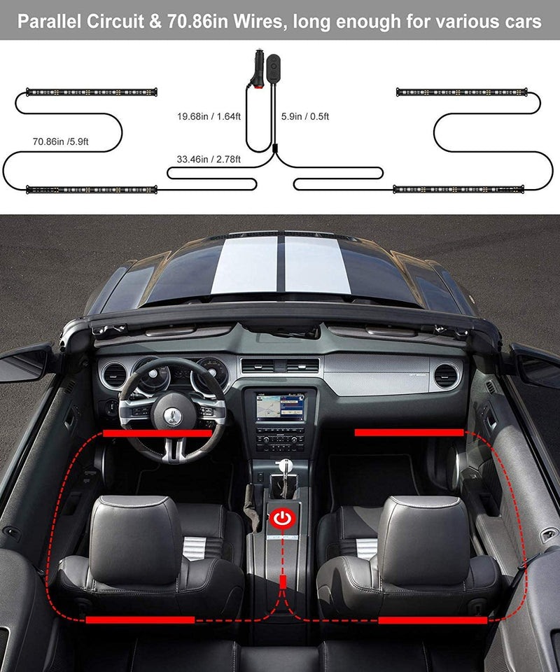 Interior LED Car Lights, iCreating Car LED Strip Light Upgrade Two-Line Design Waterproof 4pcs 48 LED APP Controller Lighting Kits, Multi DIY Color Music Under Dash Car Lighting with Car Charger, DC 12V