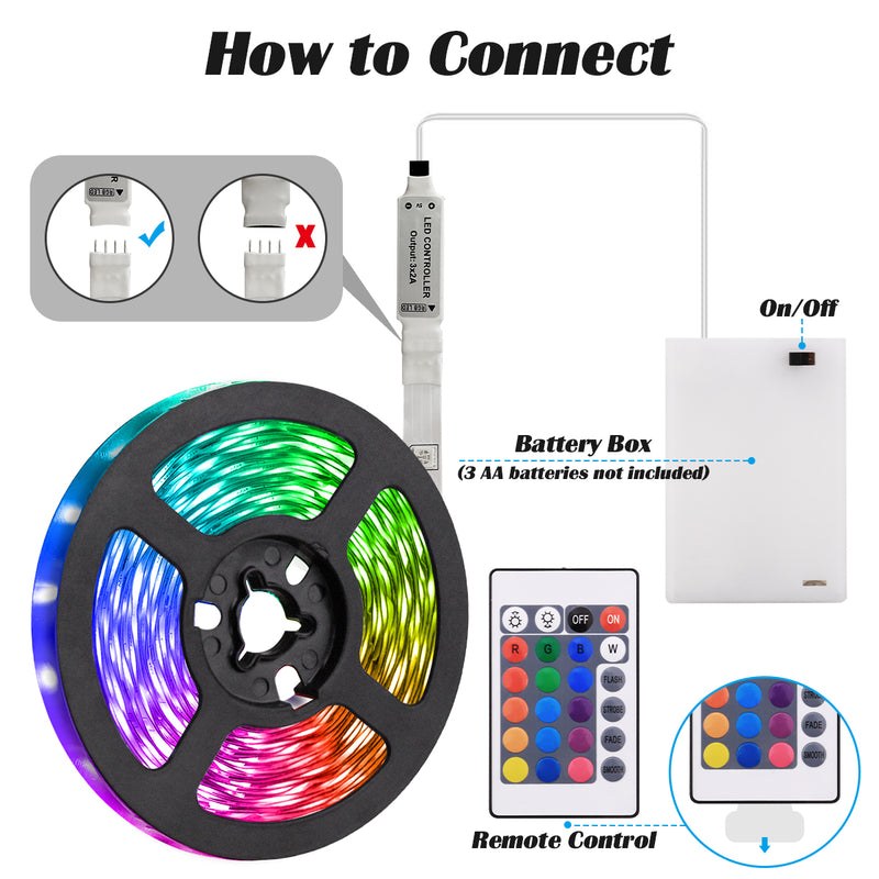 Battery Powered RGB LED Strip Lights – iCreating Battery RGB LED Strip Lights Kit with SMD 5050 Color Changing Battery RGB Light Strip Non-waterproof, Multicolor 24Key Remote Controller