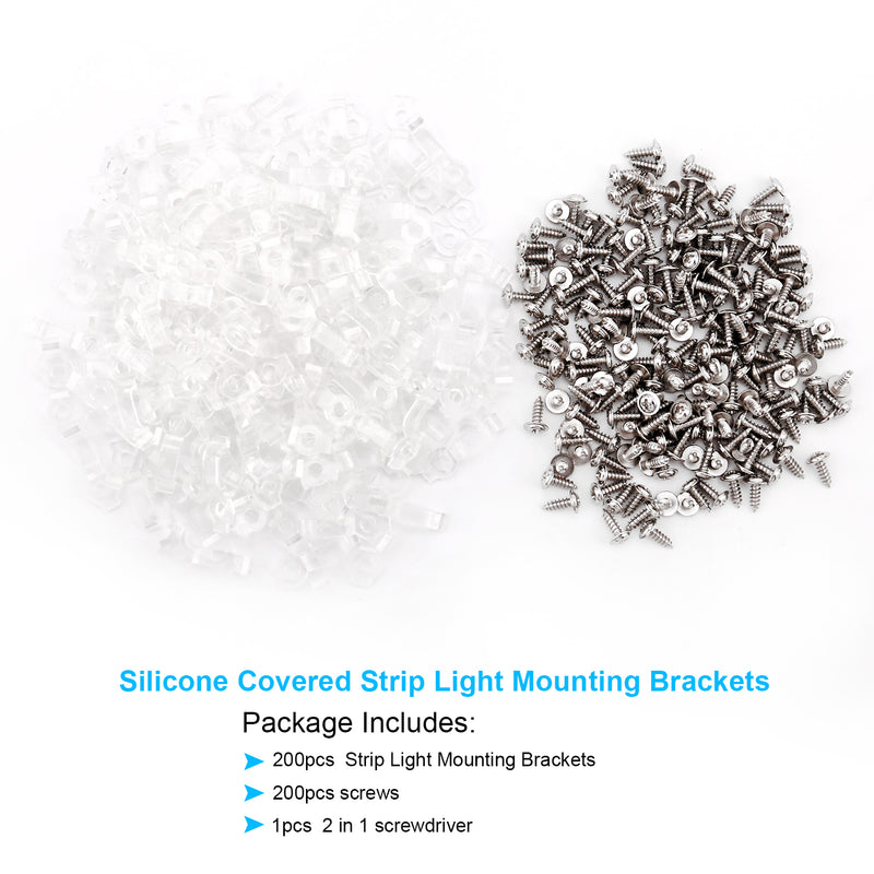 200 Pack LED Strip Clips - iCreating LED Light Strip Mounting Bracket Clips for 10mm Wide IP65 Waterproof 5050 3528 2835 5630 LED Strip Light, One Side Fixing, with 200pcs Screws and 1pcs Screwdriver
