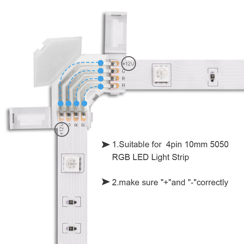 L Shape 4Pin LED Strip Connector, 10PCS 12V RGB Solderless LED Light Strip Tape 90 Degree Right Angle Corner Connectors for 10mm Wide Flexible 5050 3528 RGB LED Strip Lights