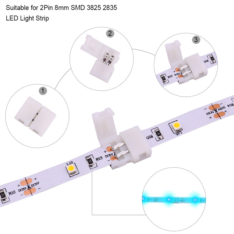 3528 2 Pin LED Strip Connector Kit - Includes 66ft Extension Cable Wire Cord, 10x LED Strip Light Connector Pigtail, 10X Gapless Connectors, 20X LED Strip Clips for LED Strip Light Single Color 3528