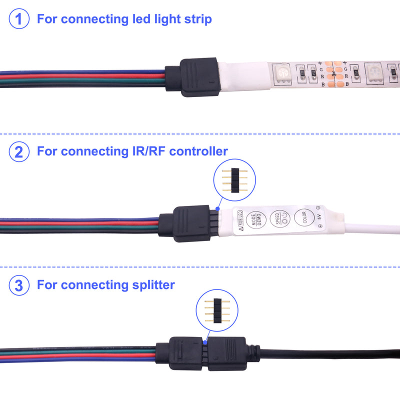 iCreating 10PCS LED 5050 RGB Strip Light Connector 4 Pin Conductor 10 mm Wide Strip to Controller Jumper Solderless Clamp On Pigtail Adapter for 5050 Color Changing Flexible LED Strip light