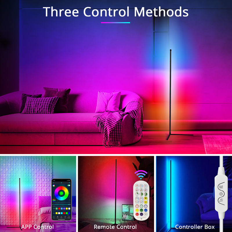 LED Corner Floor Lamp, RGB Color Changing LED Corner Light, Corner Lights for Living Room, 60’’ Corner Lamp, Bluetooth APP Remote Control Corner Lighting, Corner LED Light Bar for Bedroom