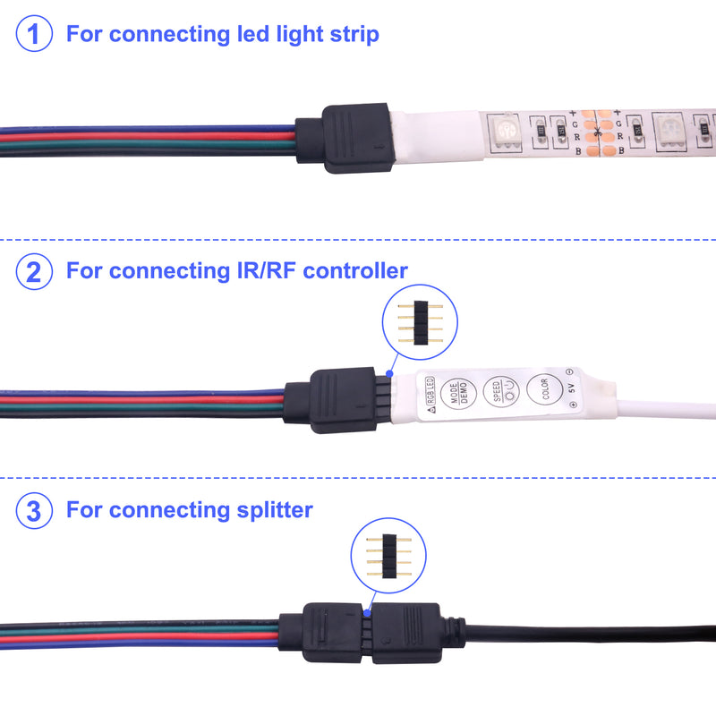 iCreating 5050 4Pin LED Strip Connector Kit with 2 Way RGB Splitter Cable, 6.6ft RGB Extension Cable, Strip to RGB Controller Jumper, LED strip to strip Jumper, L Shape Connectors, Gapless Connectors