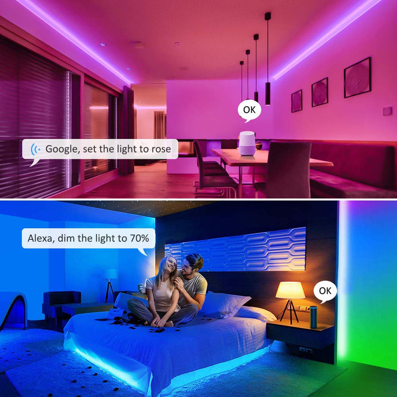 16.4ft WiFi Smart RGB LED Strip Light Kit, Alexa Wireless Flexible Color Changing 5050 LEDs Light Tape with Remote, Waterproof RF Remote 12V Dimmable Lighting Strips, Compatible with Google Assistant