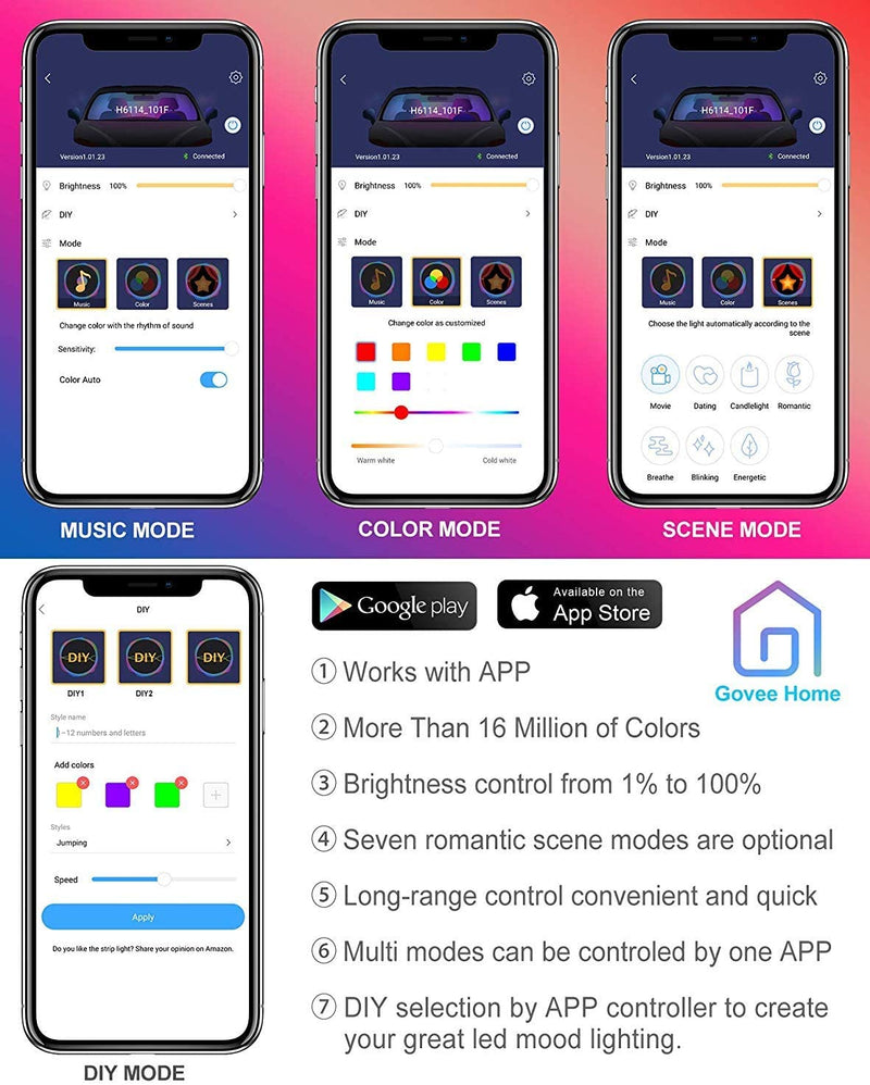 Dreamcolor Car Interior LED Strip Lights with APP and IR Remote, Upgraded 2-in-1 Design 4PCS 72 LEDs Interior Car Lights, DIY Color LED Lighting Kits Sync to Music with Super Length Wires for Various Car
