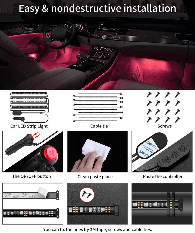 Dreamcolor Car Interior LED Strip Lights with APP and IR Remote, Upgraded 2-in-1 Design 4PCS 72 LEDs Interior Car Lights, DIY Color LED Lighting Kits Sync to Music with Super Length Wires for Various Car