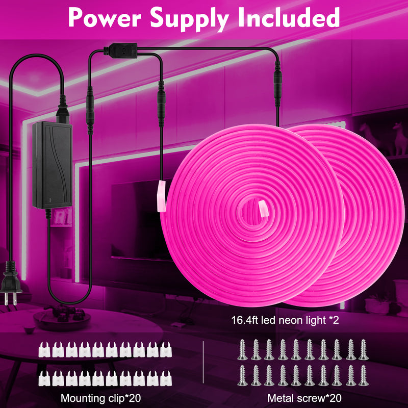 LED Neon Light, iCreating 32.8ft Neon Rope Lights 12V Outdoor Waterproof DIY Neon LED Strip Lights for Custom Neon Signs, Room, Bedroom, Wall, Car Underglow, Wedding (Power Adapter Included)