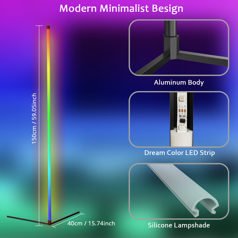 LED Corner Floor Lamp, RGB Color Changing LED Corner Light, Corner Lights for Living Room, 60’’ Corner Lamp, Bluetooth APP Remote Control Corner Lighting, Corner LED Light Bar for Bedroom