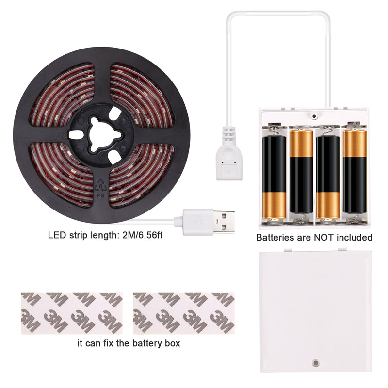 Battery Operated LED Strip Lights - iCreating 2020 New Design Cool White USB LED Light Strip Kit with 6.6FT 2M SMD 3528 IP65 Waterproof Super Bright LED Tape Light, Battery Box