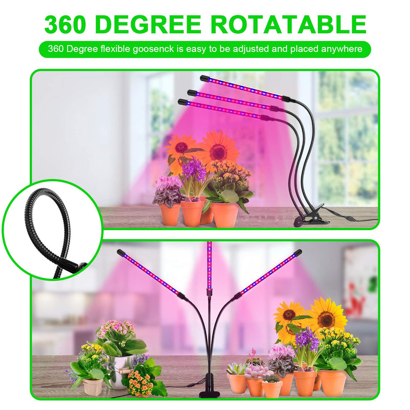 LED Grow Light, 60W Tri Head Timing 60 LED 5 Dimmable Levels Plant Grow Lights for Indoor Plants with Red Blue Spectrum, Adjustable Gooseneck, 3 6 12H Timer, 3 Switch Modes