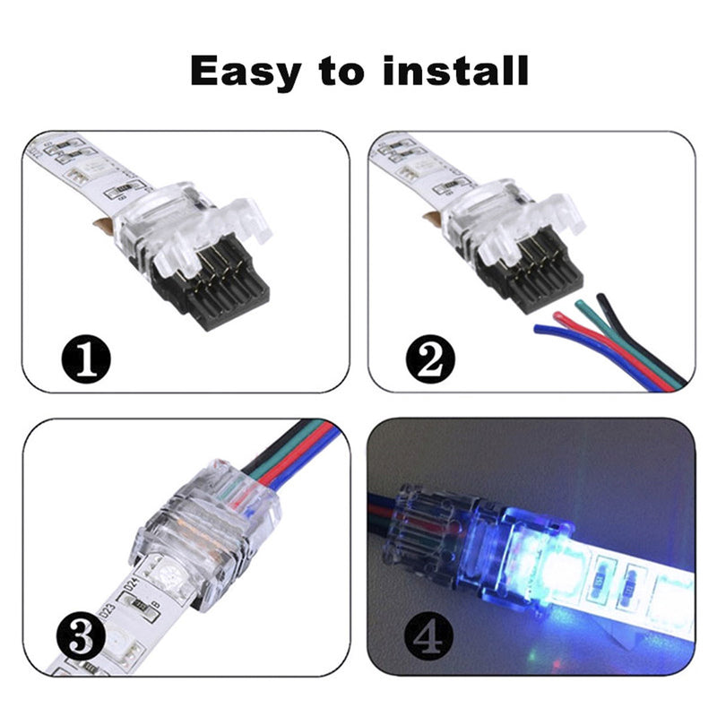 5050 4Pin RGB LED Strip Connector Kit - include 16.4FT RGB Extension Cable, 2x T & L Shape Connectors, 4x Strip Jumper, 2x Gapless Connector, 20x LED Strip Clip, 20x Male Connector, 2x Quick Connector