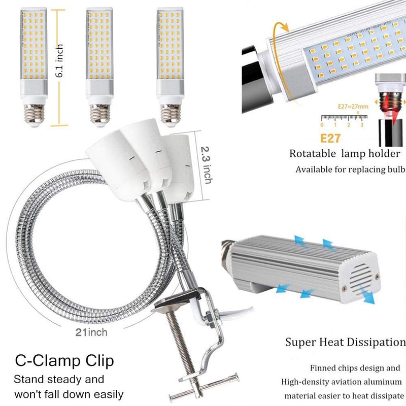 Full Spectrum LED Grow Lights for Indoor Plant, 3 Heads Timing Function Grow Lamp Auto On/Off with 3/6/12H Timer 5 Dimmable Levels 3 Switch Modes Adjustable Gooseneck