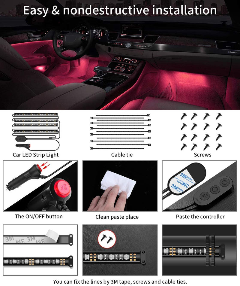 Interior Car Lights, Car Led Lights Interior 4 Pcs 48 Led Strip Light For  Car With Remote, Music Sync Color Change RGB Under Dash Car Lighting With
