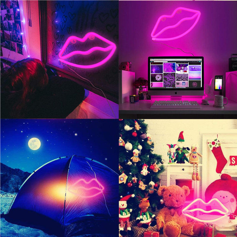 Pink Lip LED Neon Sign - LED Neon Light Wall Signs Battery or USB Operated Art Decorative Lights Wall Decor for Home Children Baby Living Room Christmas Wedding Party Decoration