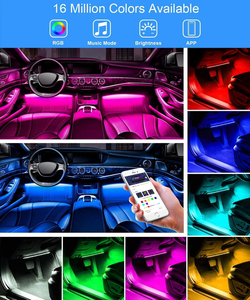 Interior LED Car Lights, iCreating Car LED Strip Light Upgrade Two-Line Design Waterproof 4pcs 48 LED APP Controller Lighting Kits, Multi DIY Color Music Under Dash Car Lighting with Car Charger, DC 12V