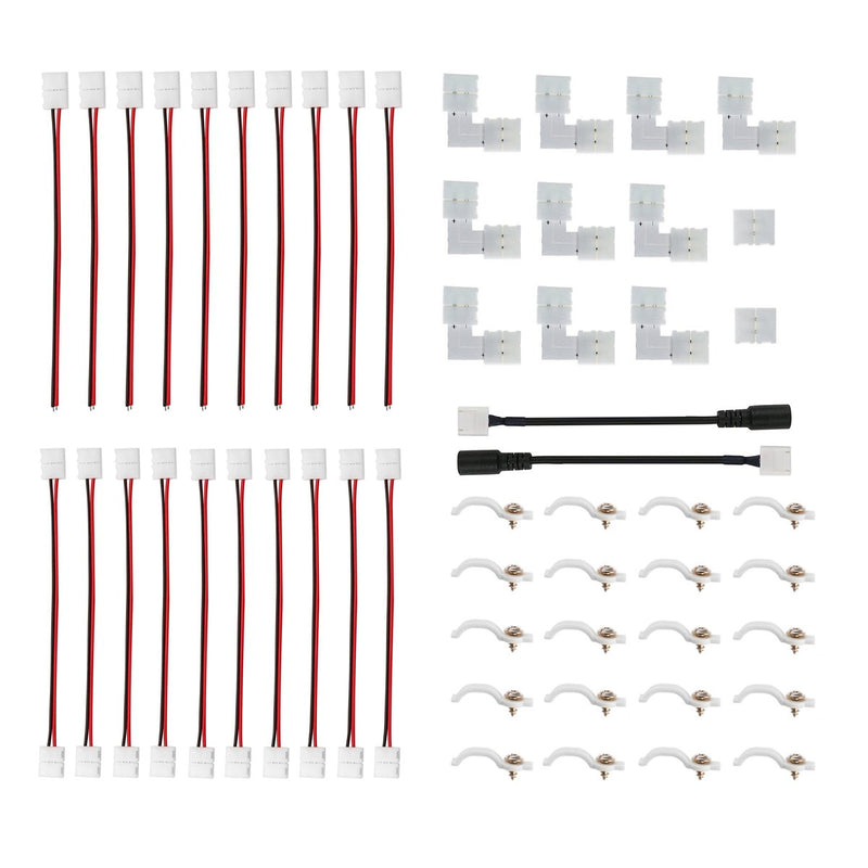 5050 2 Pin LED Strip Light Connector Kit - iCreating 10mm LED Connector Kit Includes 10x LED Strip Light Connector Pigtail, 10x Jumper Connector, 10x L Shape Connectors, 2x DC Connector, 2x Gapless Connectors