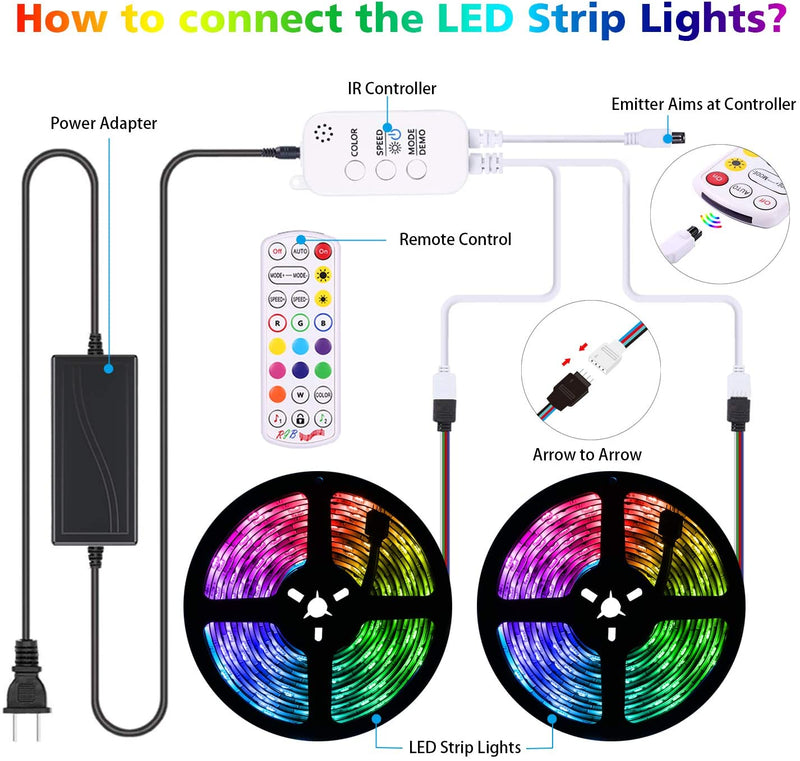 Bluetooth 32.8ft RGB LED Strip Lights Music Sync LED Tape Light 300 LEDs SMD5050 Waterproof Color Changing with 24Key Remote Control Decoration for Home TV Party - APP Controlled