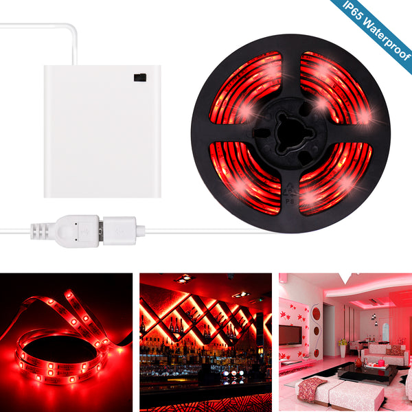 Red LED Strip Lights - Battery Powered Red LED Light Strip Kit with 6.6FT 2M SMD 3528 IP65 Waterproof Super Bright LED Tape Light, Battery Case by iCreating 2020 New Design