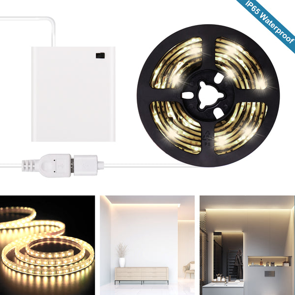Battery Operated LED Strip Lights - 2020 New Design Warm White USB LED Light Strip Kit with 6.6FT 2M SMD 3528 IP65 Waterproof Super Bright LED Tape Light, Battery Box