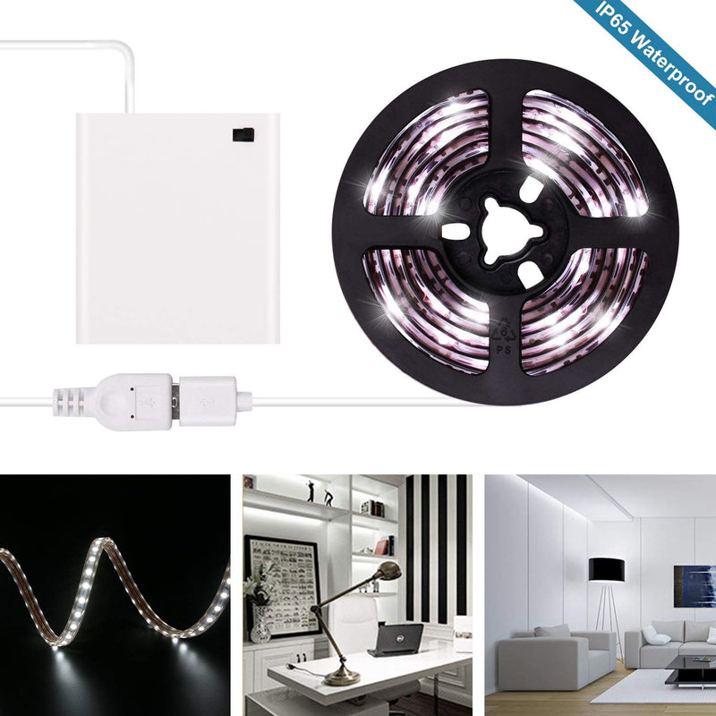 Battery Operated LED Strip Lights - iCreating 2020 New Design Cool White USB LED Light Strip Kit with 6.6FT 2M SMD 3528 IP65 Waterproof Super Bright LED Tape Light, Battery Box